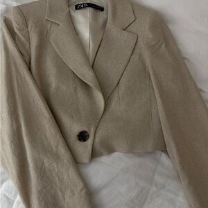 Zara Women's Tan Linen Blazer Cropped